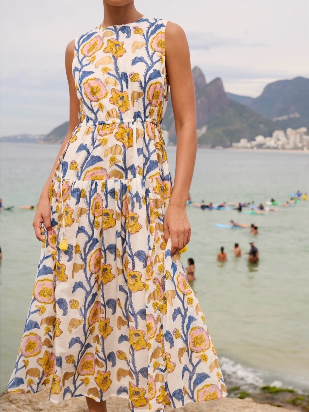 Oliphant Sleeveless Floral Tiered Maxi Dress in White, Mustard & Blue